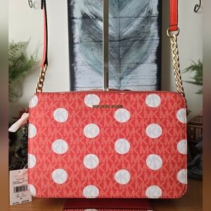 MICHAEL Michael Kors Jet Set Large Orange( Red Clay) Polka Dot  Crossbody. NWT
